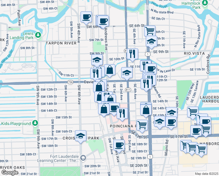 map of restaurants, bars, coffee shops, grocery stores, and more near 1300 Southeast 1st Avenue in Fort Lauderdale