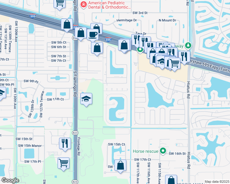 map of restaurants, bars, coffee shops, grocery stores, and more near 11922 Southwest 11th Court in Davie