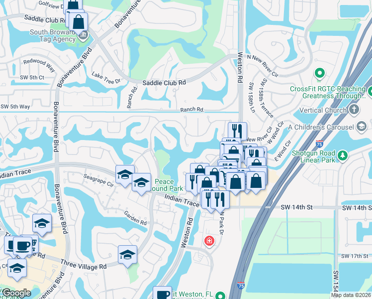 map of restaurants, bars, coffee shops, grocery stores, and more near 1044 Woodfall Court in Weston