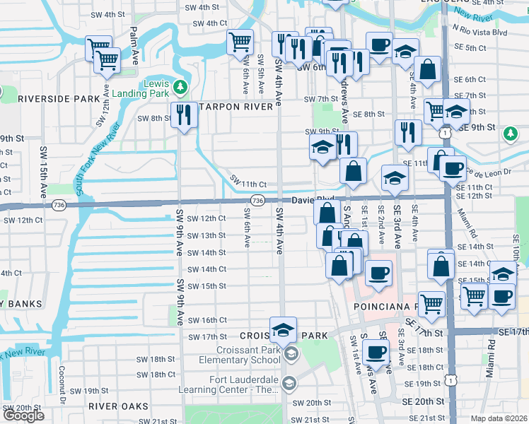 map of restaurants, bars, coffee shops, grocery stores, and more near 421 Southwest 12th Court in Fort Lauderdale