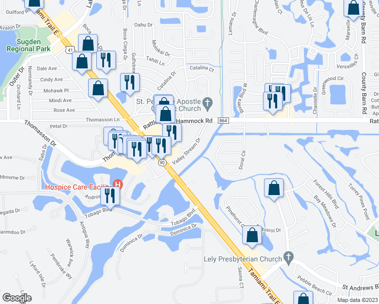 map of restaurants, bars, coffee shops, grocery stores, and more near 400 Valley Stream Drive in Naples
