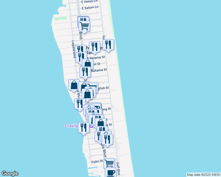 map of restaurants, bars, coffee shops, grocery stores, and more near 3201 Gulf Boulevard in South Padre Island