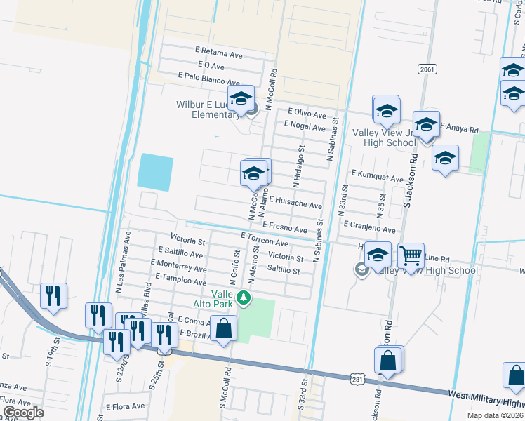 map of restaurants, bars, coffee shops, grocery stores, and more near 2619 Granjeno Avenue in Hidalgo