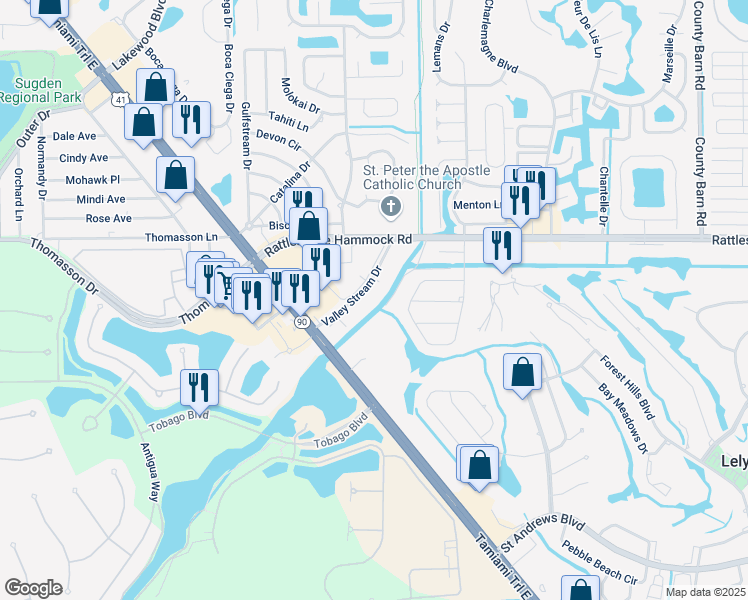 map of restaurants, bars, coffee shops, grocery stores, and more near 600 Valley Stream Drive in Naples