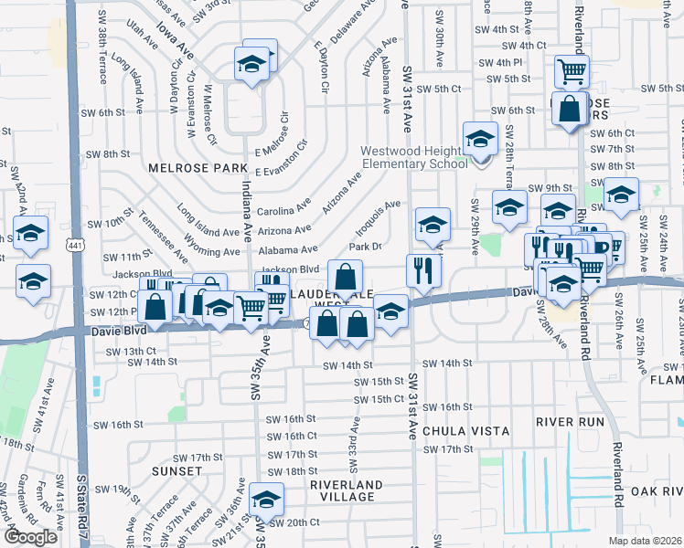 map of restaurants, bars, coffee shops, grocery stores, and more near 3260 Jackson Boulevard in Fort Lauderdale