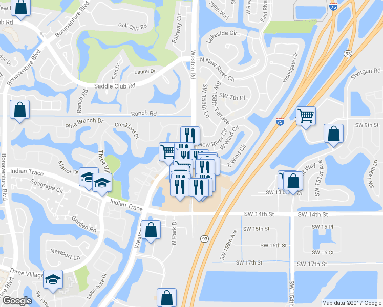 map of restaurants, bars, coffee shops, grocery stores, and more near 1020 Weston Road in Weston
