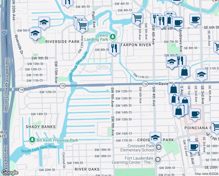 map of restaurants, bars, coffee shops, grocery stores, and more near 900 Southwest 12th Place in Fort Lauderdale