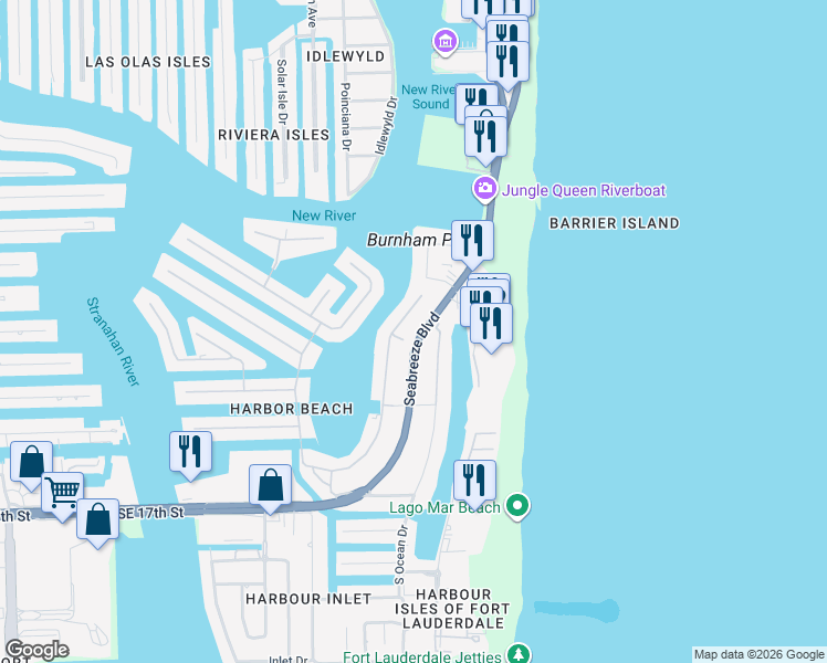 map of restaurants, bars, coffee shops, grocery stores, and more near 1224 East Lake Drive in Fort Lauderdale