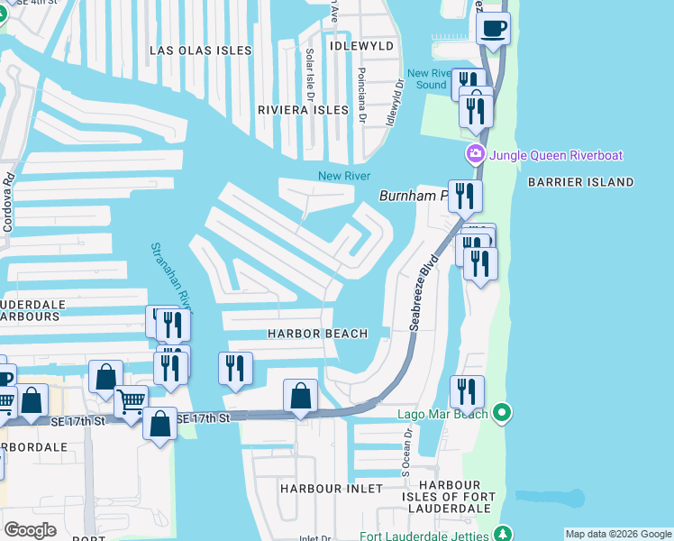 map of restaurants, bars, coffee shops, grocery stores, and more near 51 Isla Bahia Drive in Fort Lauderdale