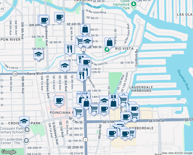 map of restaurants, bars, coffee shops, grocery stores, and more near 816 Southeast 12th Street in Fort Lauderdale