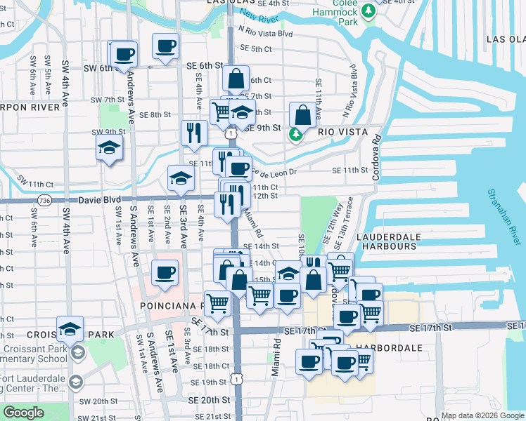 map of restaurants, bars, coffee shops, grocery stores, and more near 816 Southeast 12th Street in Fort Lauderdale