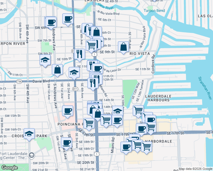 map of restaurants, bars, coffee shops, grocery stores, and more near 702 Southeast 12th Street in Fort Lauderdale