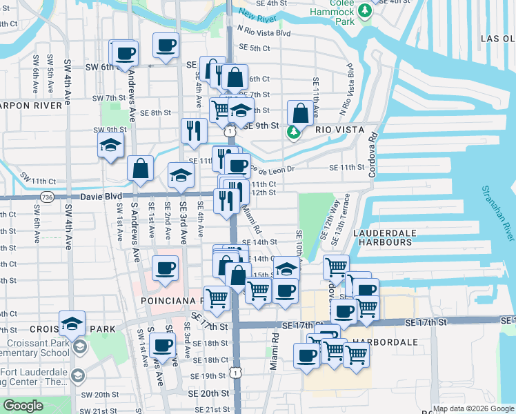 map of restaurants, bars, coffee shops, grocery stores, and more near 702 Southeast 12th Street in Fort Lauderdale