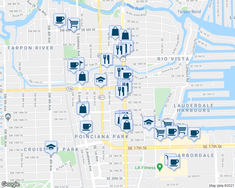 map of restaurants, bars, coffee shops, grocery stores, and more near 1201 South Federal Highway in Fort Lauderdale