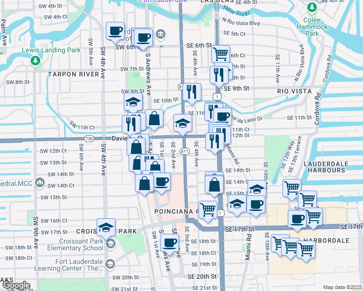 map of restaurants, bars, coffee shops, grocery stores, and more near 212 Davie Boulevard in Fort Lauderdale