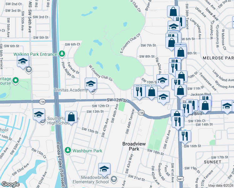 map of restaurants, bars, coffee shops, grocery stores, and more near 1131 West Country Club Circle in Plantation