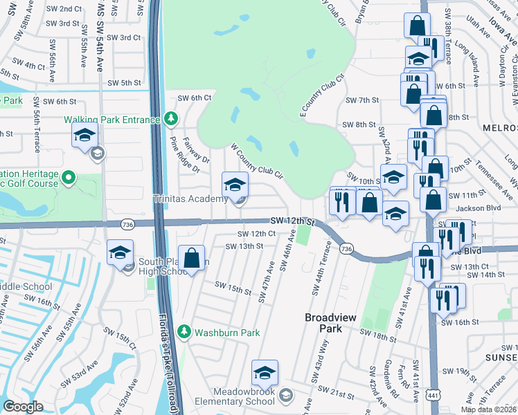 map of restaurants, bars, coffee shops, grocery stores, and more near 4820 Southwest 11th Street in Plantation