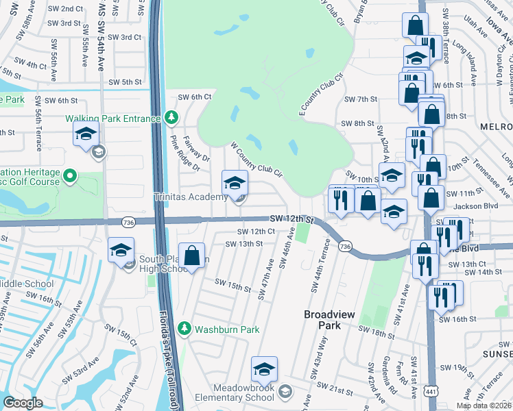 map of restaurants, bars, coffee shops, grocery stores, and more near 4820 Southwest 11th Street in Plantation