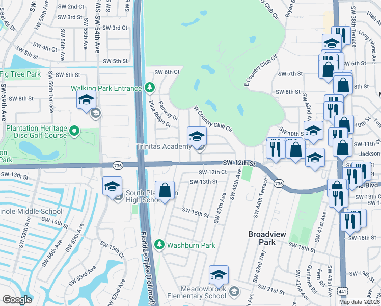 map of restaurants, bars, coffee shops, grocery stores, and more near 1048 Southwest 49th Terrace in Plantation