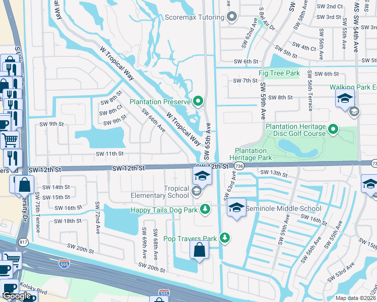map of restaurants, bars, coffee shops, grocery stores, and more near 1090 Renmar Dr in Plantation