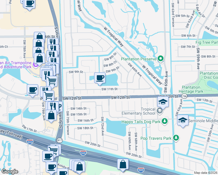 map of restaurants, bars, coffee shops, grocery stores, and more near 7041 Southwest 11th Street in Plantation