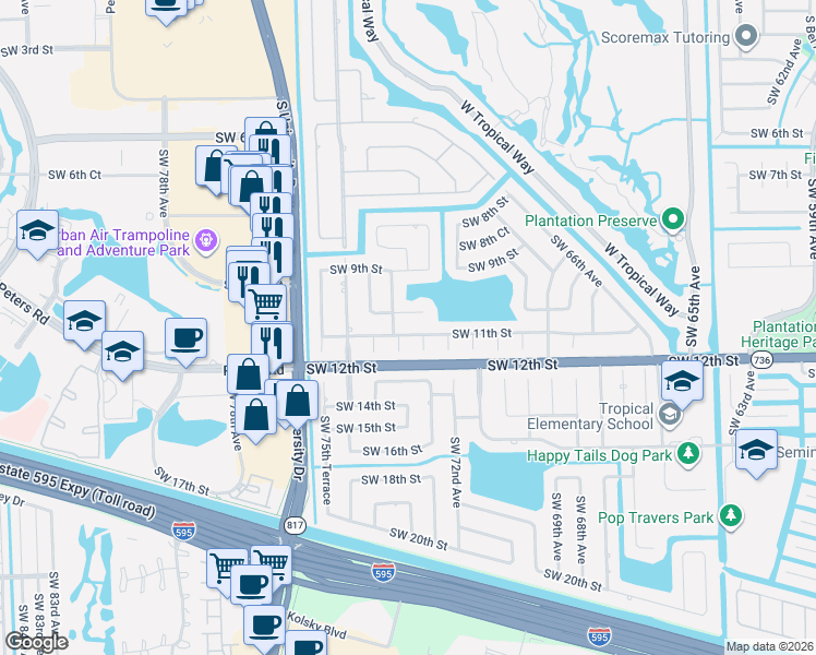 map of restaurants, bars, coffee shops, grocery stores, and more near 7341 Southwest 10th Street in Plantation