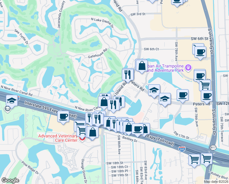 map of restaurants, bars, coffee shops, grocery stores, and more near 1213 Southwest 87th Terrace in Plantation