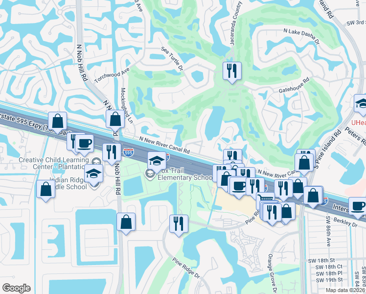 map of restaurants, bars, coffee shops, grocery stores, and more near 9551 South West 10th Court in Plantation