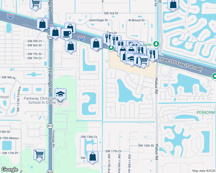 map of restaurants, bars, coffee shops, grocery stores, and more near 997 Southwest 117th Way in Davie
