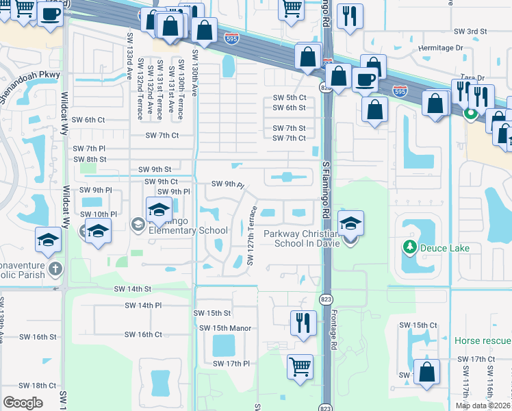 map of restaurants, bars, coffee shops, grocery stores, and more near 12601 Southwest 10th Court in Davie