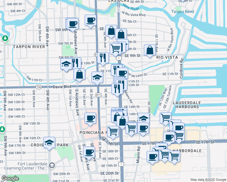map of restaurants, bars, coffee shops, grocery stores, and more near 501 Southeast 12th Court in Fort Lauderdale