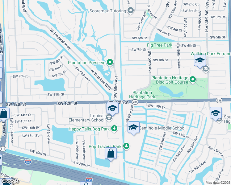 map of restaurants, bars, coffee shops, grocery stores, and more near 1079 East Tropical Way in Plantation