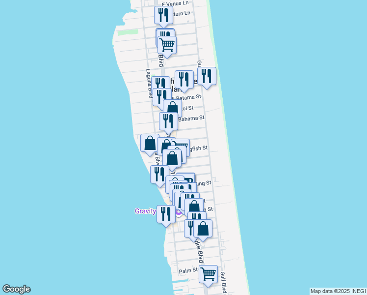 map of restaurants, bars, coffee shops, grocery stores, and more near 108 East Kingfish Street in South Padre Island