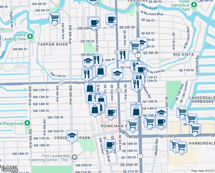 map of restaurants, bars, coffee shops, grocery stores, and more near 100 Southwest 12th Street in Fort Lauderdale