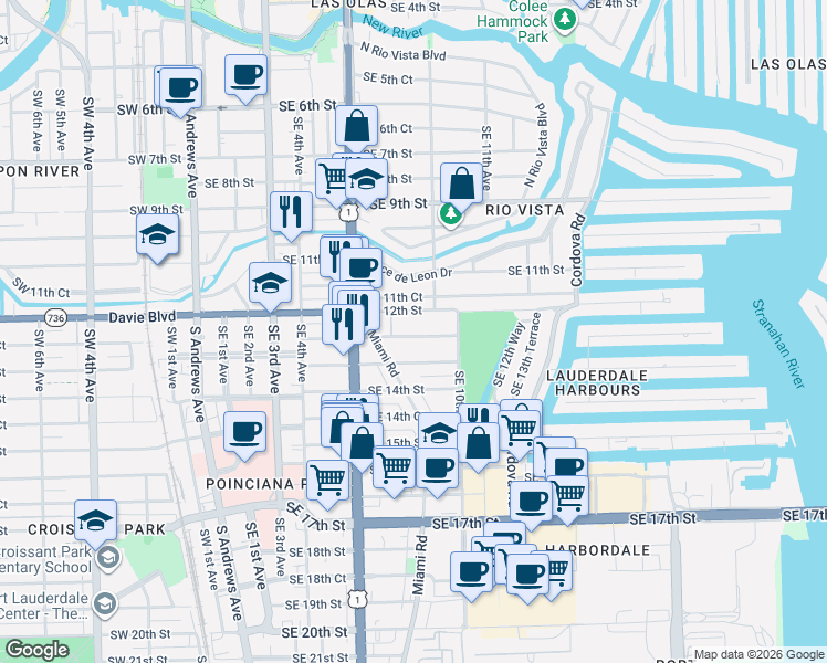 map of restaurants, bars, coffee shops, grocery stores, and more near 816 Southeast 12th Street in Fort Lauderdale