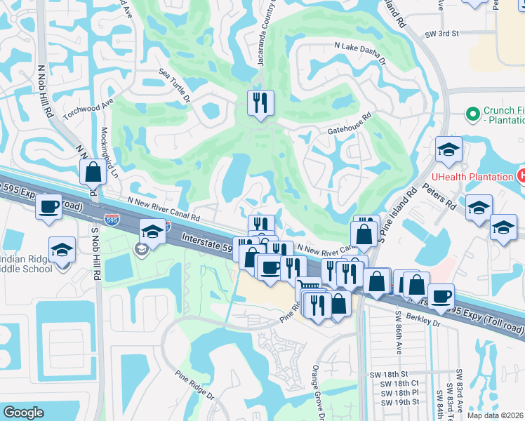 map of restaurants, bars, coffee shops, grocery stores, and more near 10 The Common in Plantation