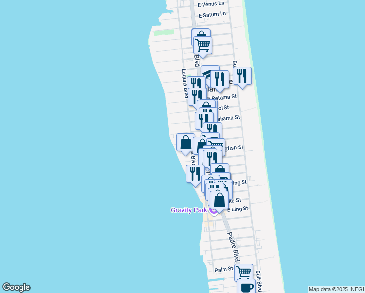 map of restaurants, bars, coffee shops, grocery stores, and more near 201 West Campeche Street in South Padre Island