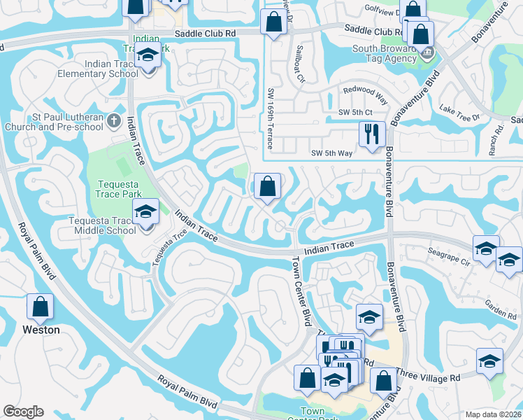 map of restaurants, bars, coffee shops, grocery stores, and more near 1172 Waterview Lane in Weston