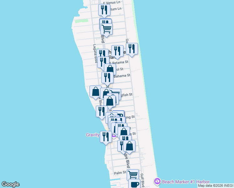 map of restaurants, bars, coffee shops, grocery stores, and more near 114b East Acapulco Street in South Padre Island