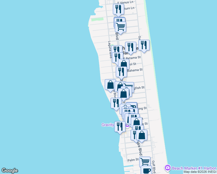 map of restaurants, bars, coffee shops, grocery stores, and more near 201 West Campeche Street in South Padre Island