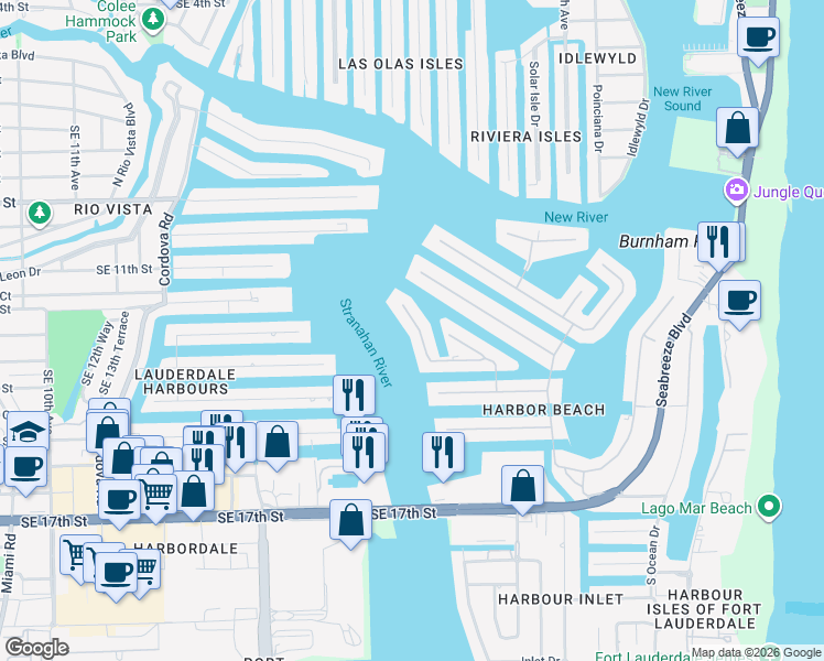 map of restaurants, bars, coffee shops, grocery stores, and more near 2413 Laguna Drive in Fort Lauderdale
