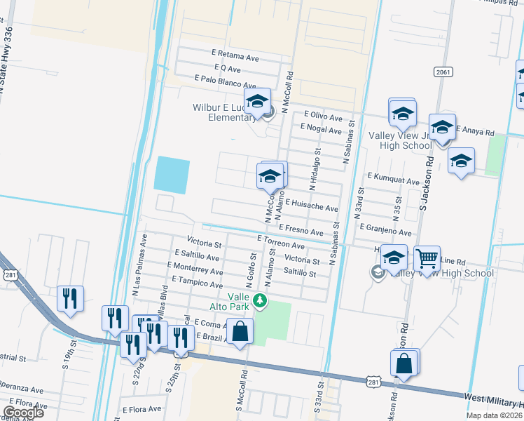 map of restaurants, bars, coffee shops, grocery stores, and more near 2619 Granjeno Avenue in Hidalgo