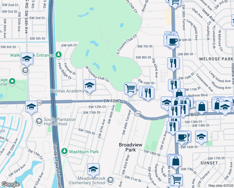 map of restaurants, bars, coffee shops, grocery stores, and more near 1131 West Country Club Circle in Plantation