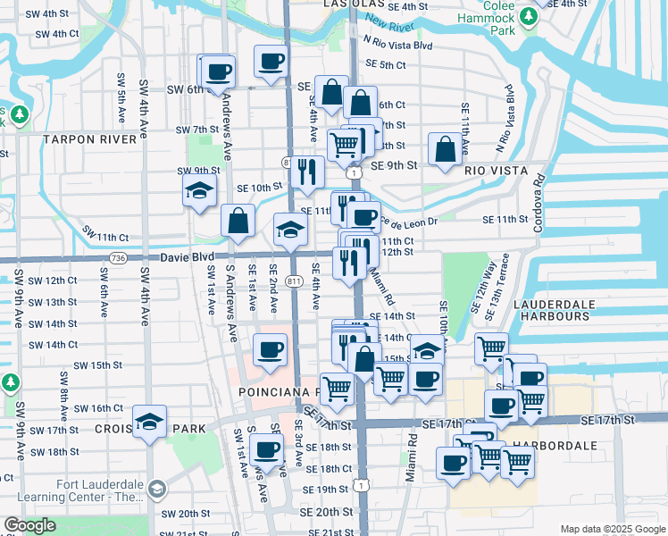 map of restaurants, bars, coffee shops, grocery stores, and more near 1201 South Federal Highway in Fort Lauderdale