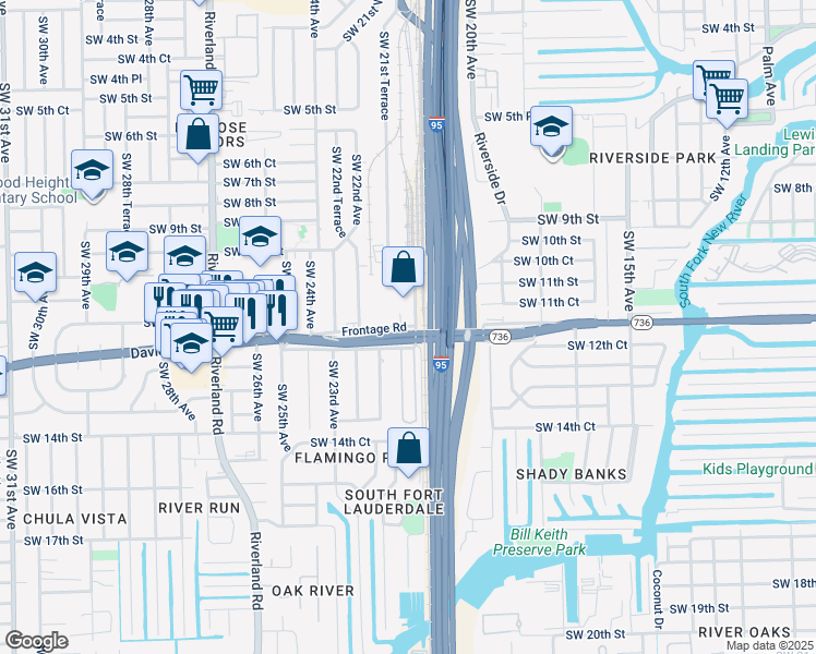 map of restaurants, bars, coffee shops, grocery stores, and more near 2101 Davie Boulevard in Fort Lauderdale