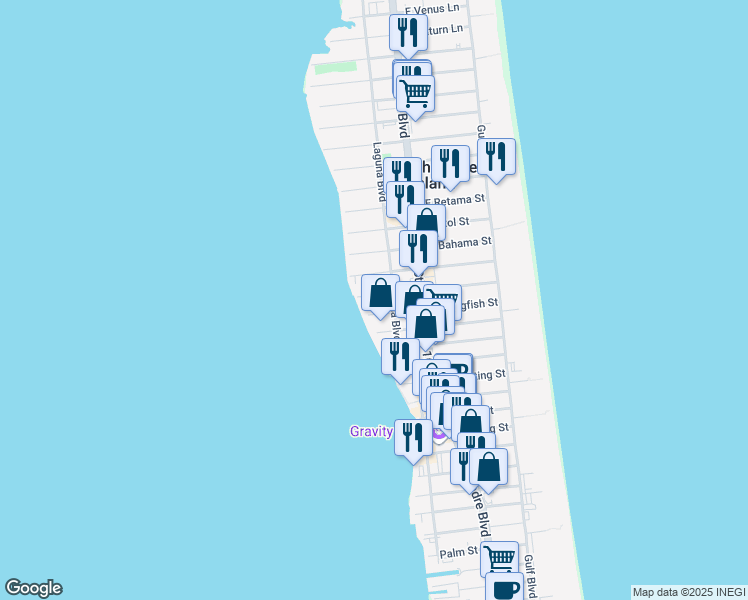 map of restaurants, bars, coffee shops, grocery stores, and more near 201 West Campeche Street in South Padre Island