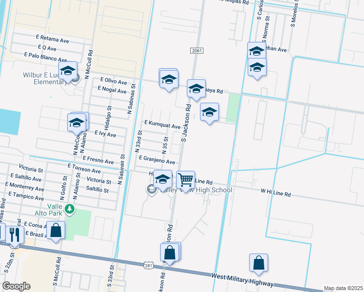 map of restaurants, bars, coffee shops, grocery stores, and more near 1005 North 35 Street in Pharr