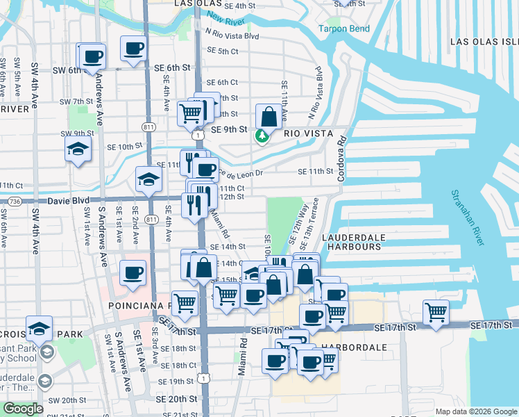 map of restaurants, bars, coffee shops, grocery stores, and more near 905 Southeast 12th Court in Fort Lauderdale