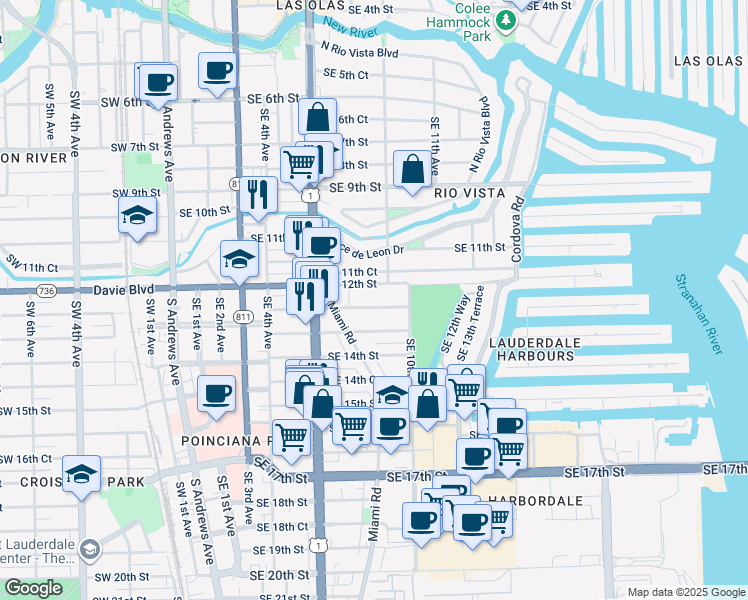 map of restaurants, bars, coffee shops, grocery stores, and more near 816 Southeast 12th Street in Fort Lauderdale