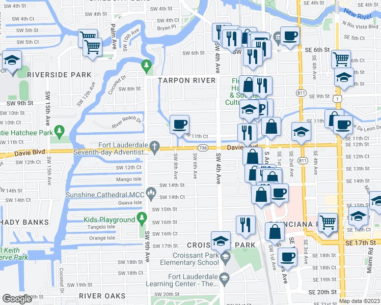 map of restaurants, bars, coffee shops, grocery stores, and more near 613 Southwest 12th Street in Fort Lauderdale